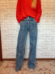 Vervet Super High Rise Wide Leg Denim w/ Leg Seam + Denim Bow Tie